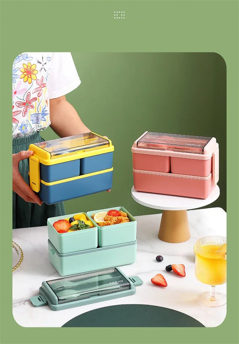 Double Layered Lunch Box With Cutlery Set