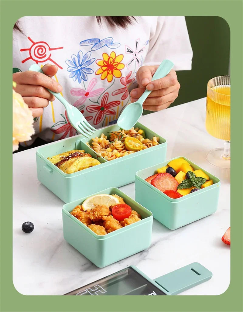 Double Layered Lunch Box With Cutlery Set